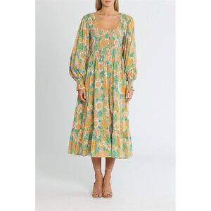 Bohemian Traders Shirred Bodice with Square Neckline Midi Dress Sz S